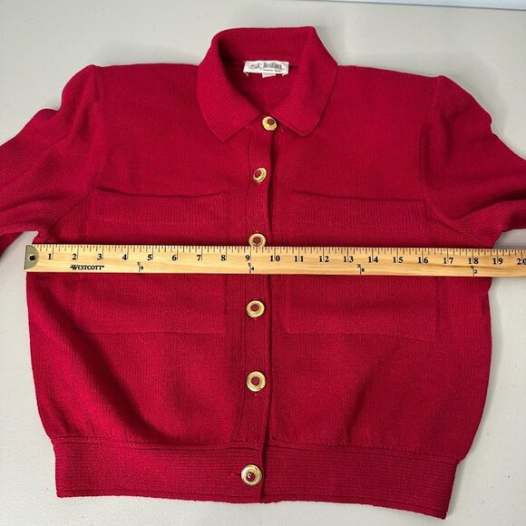 St John Marie Gray Cardigan Size 8 Red Gold Button Front Santana Knit - Picture 8 of 10